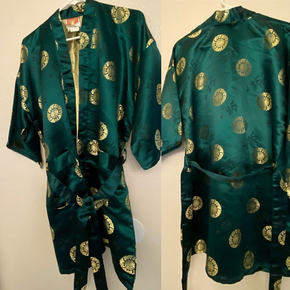 Emerald green Dragon gold medallion Asian Chinese Robe kimono OS